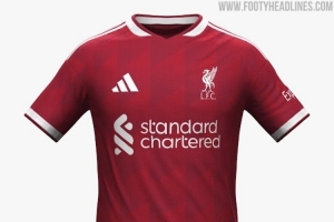 利物浦26-27赛季主场球衣谍照:采用深红色调+白色细节装饰